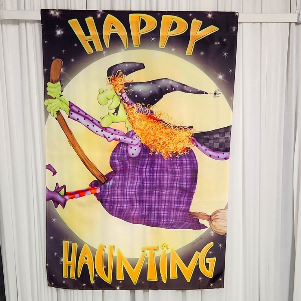 Happy Haunting Purple Witch House Flag